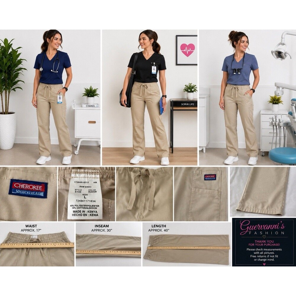 Cherokee Workwear Scrubs Drawstring Cargo Pants Bottoms Khaki Size M